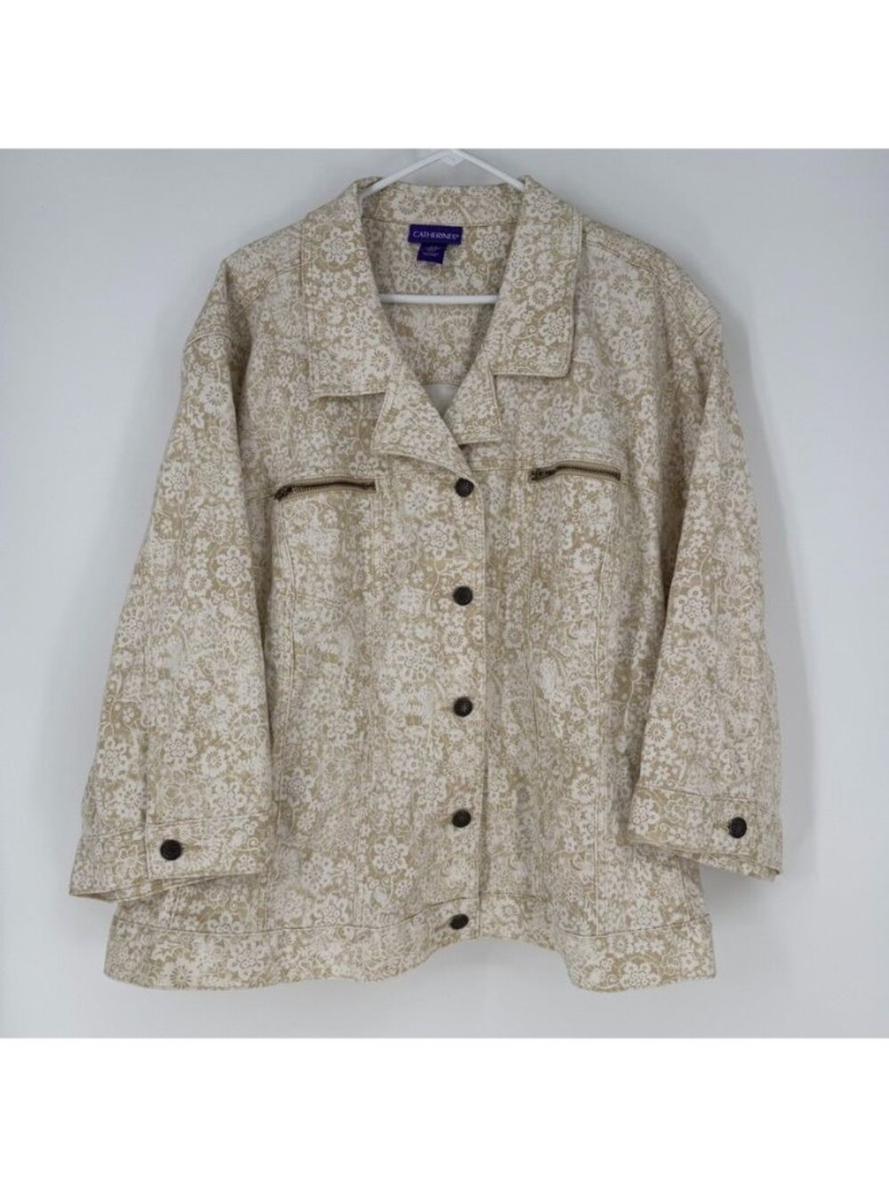 NWT Catherines 5X Beige White Jacket Button Up Floral Paisley
